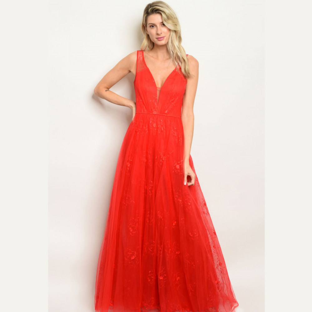 Sleeveless Red Plunge Neck Tulle Maxi Dress Gown - Picture 3 of 4